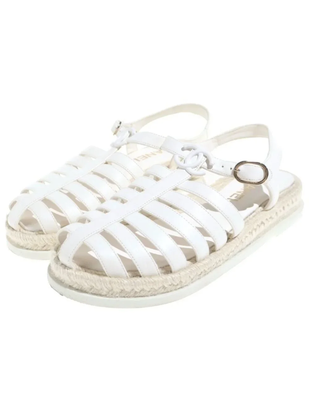 Chanel CC Logo Lace Up Sandals Leather White